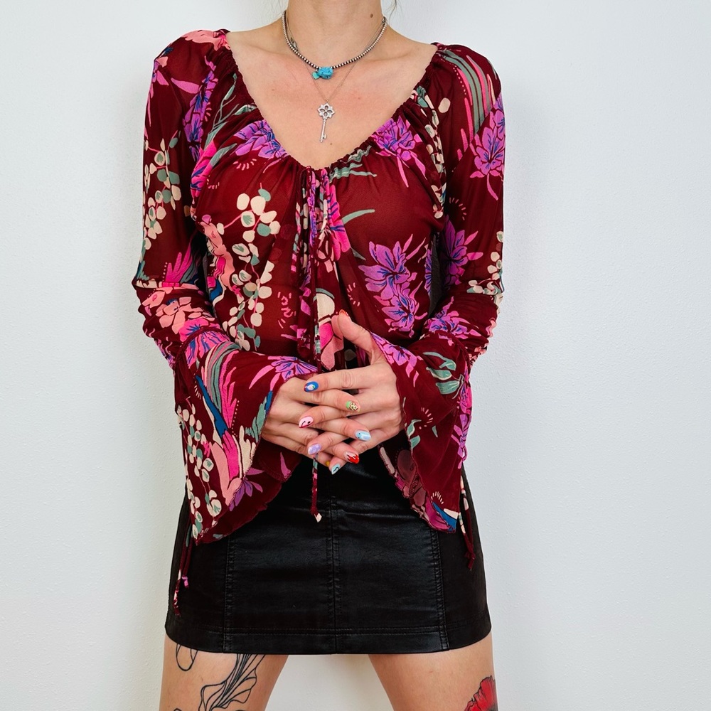 Free People Top Floral Print Of Paradise Tie Front Crop Boho Blouse Burgundy - Picture 3 of 12